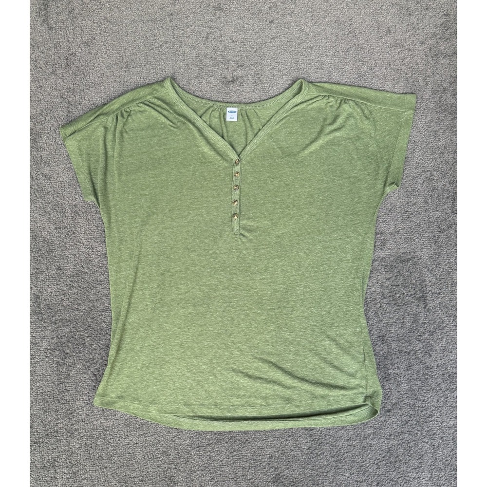 Old Navy Womens Sage Green Linen Blend Short Sleeve Henley Blouse Top Small